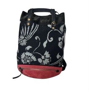VTG Lucky Brand Leather Canvas Backpack Bag Floral Black Red Y2K Boho Drawstring